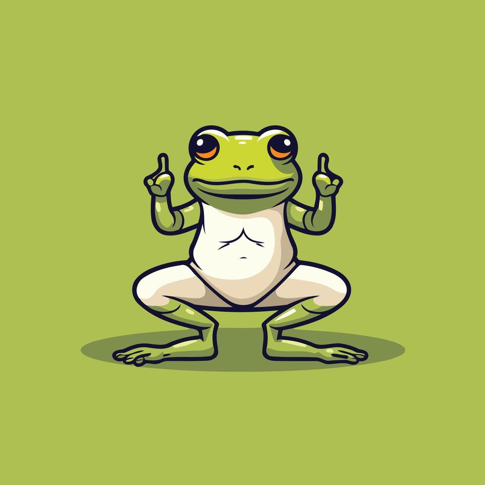 A cartoon frog sitting on the ground with his hands up vector