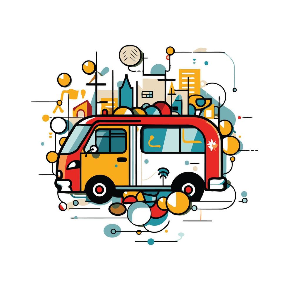 A red van with a city skyline around it vector