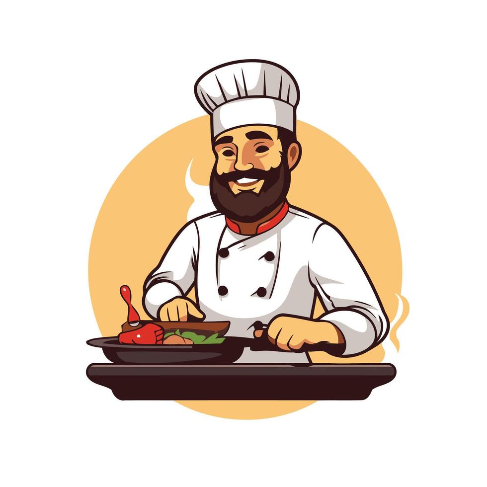 Chef cooking food in a pan vector