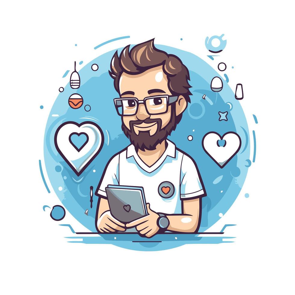 A man with glasses and a tablet is holding a tablet vector