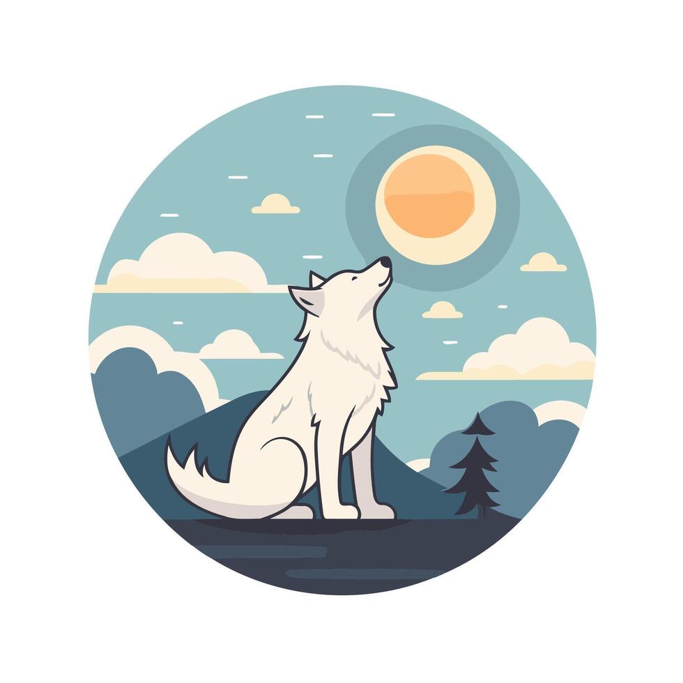A wolf is sitting on a hill looking at the moon vector