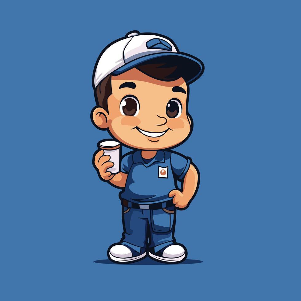 Cartoon delivery boy holding a cup of coffee vector