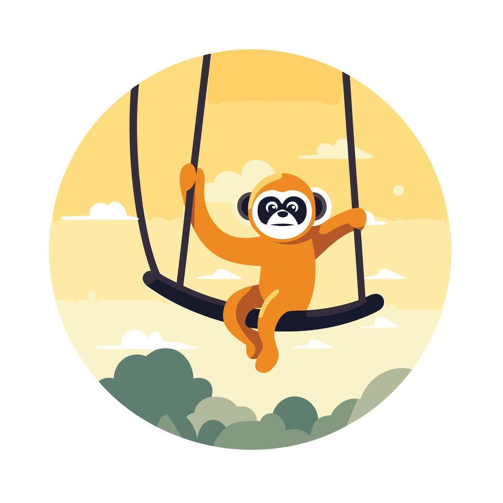 A cartoon monkey on a swing with a sun in the background vector