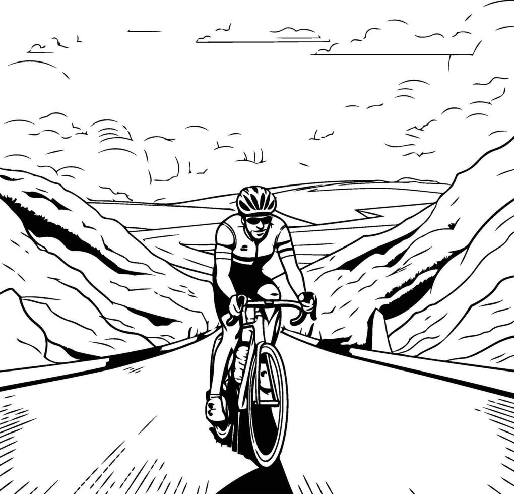 A black and white drawing of a cyclist on a road vector