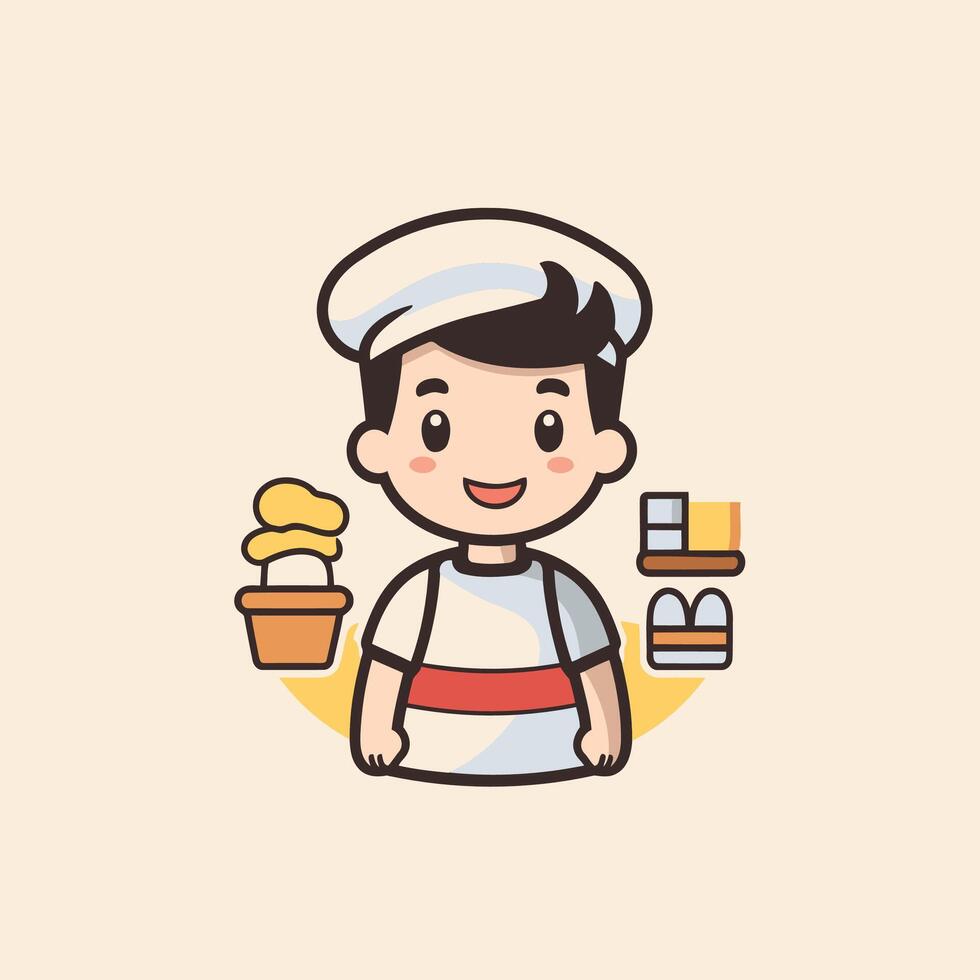 A cartoon chef with a pastry and other items vector