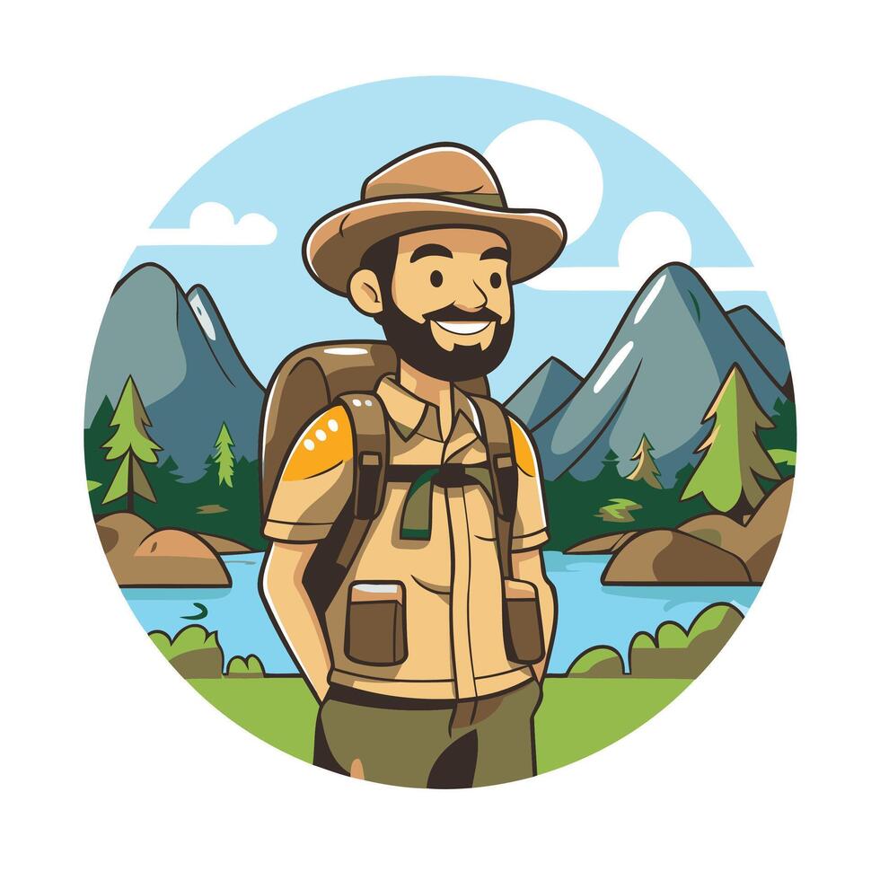 A cartoon man in a hat and backpack standing in front of a lake vector