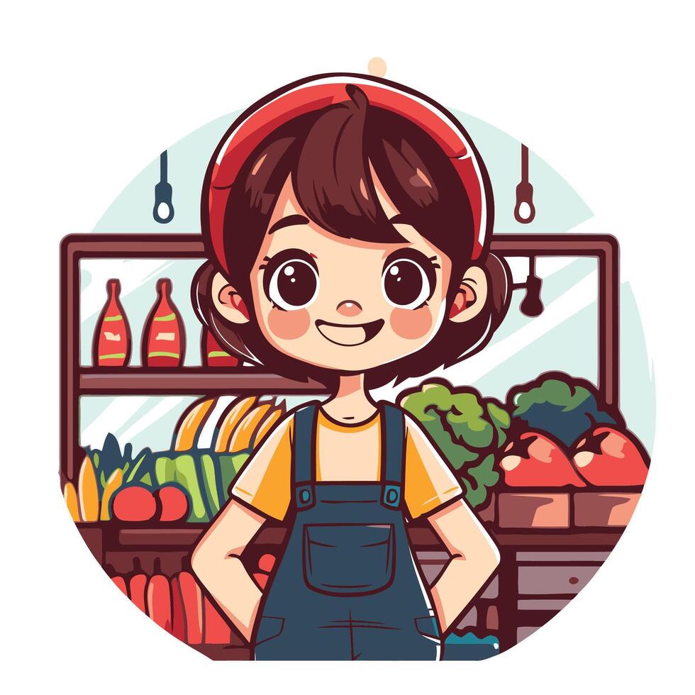 Cartoon girl in overalls standing in front of a supermarket vector