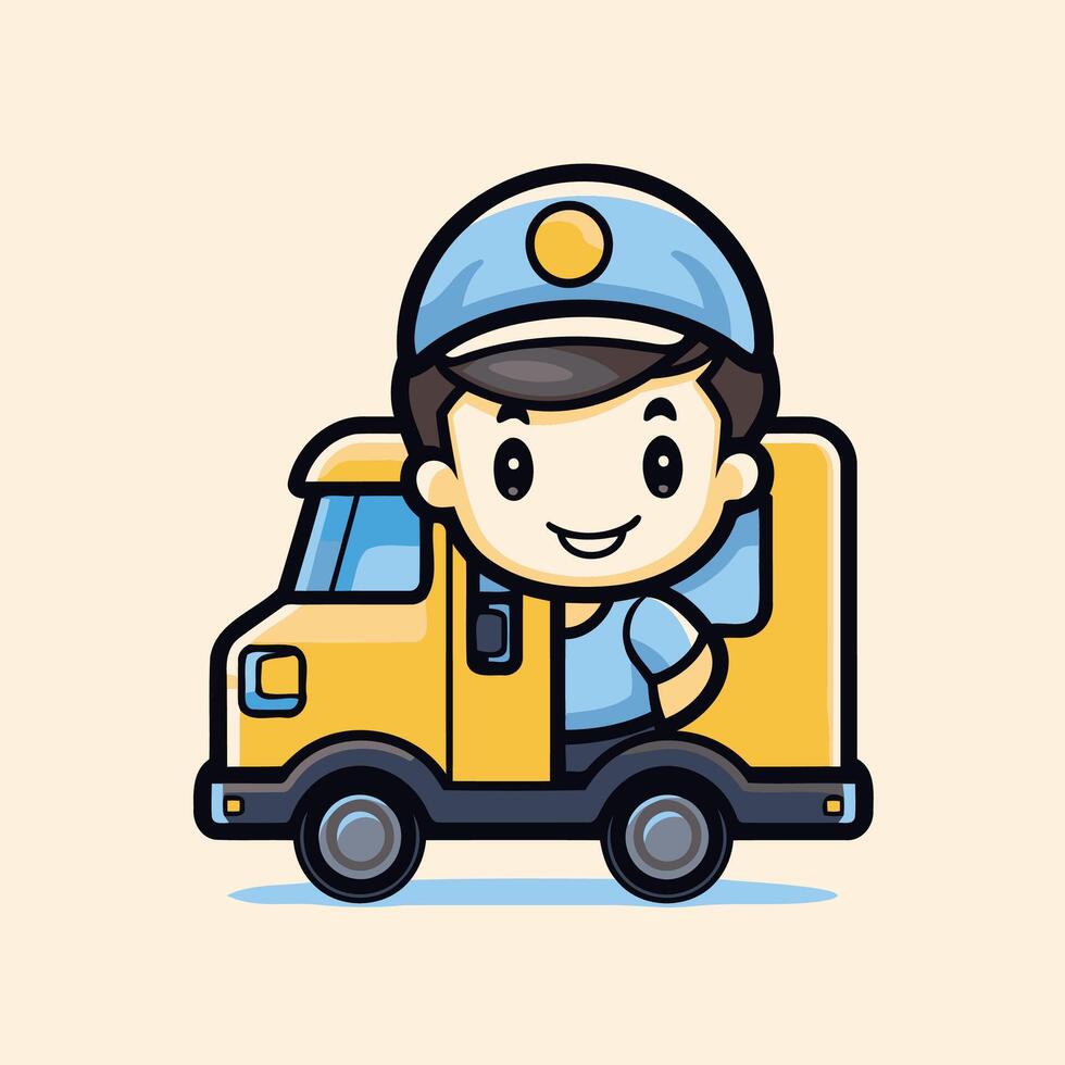 Cartoon delivery man with a truck vector