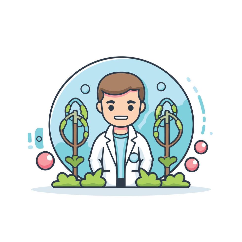 A man in a lab coat is standing in front of plants vector