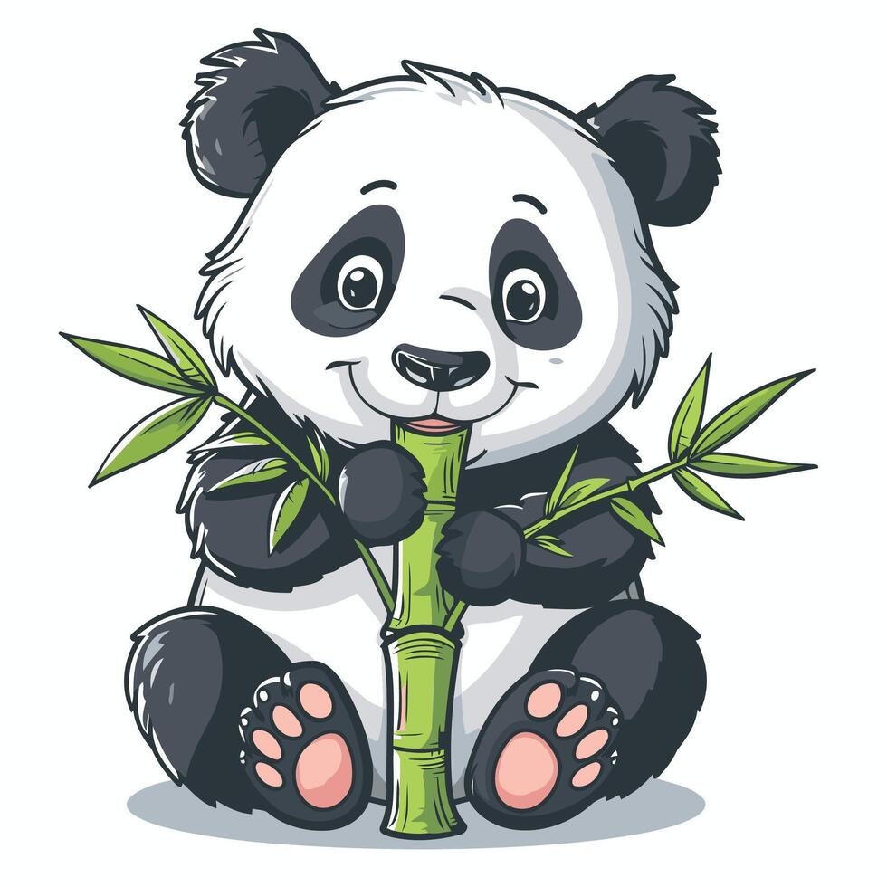 Panda bear holding bamboo branch with leaves vector