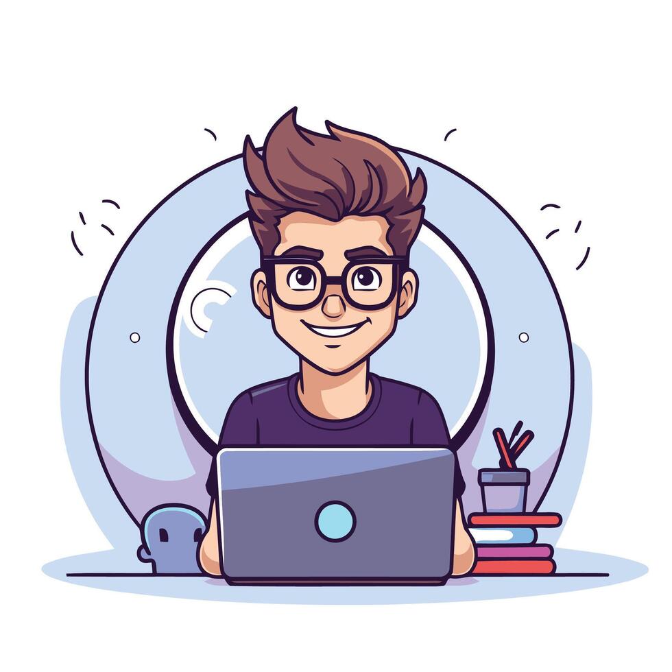 A man in glasses is sitting at a desk with a laptop vector