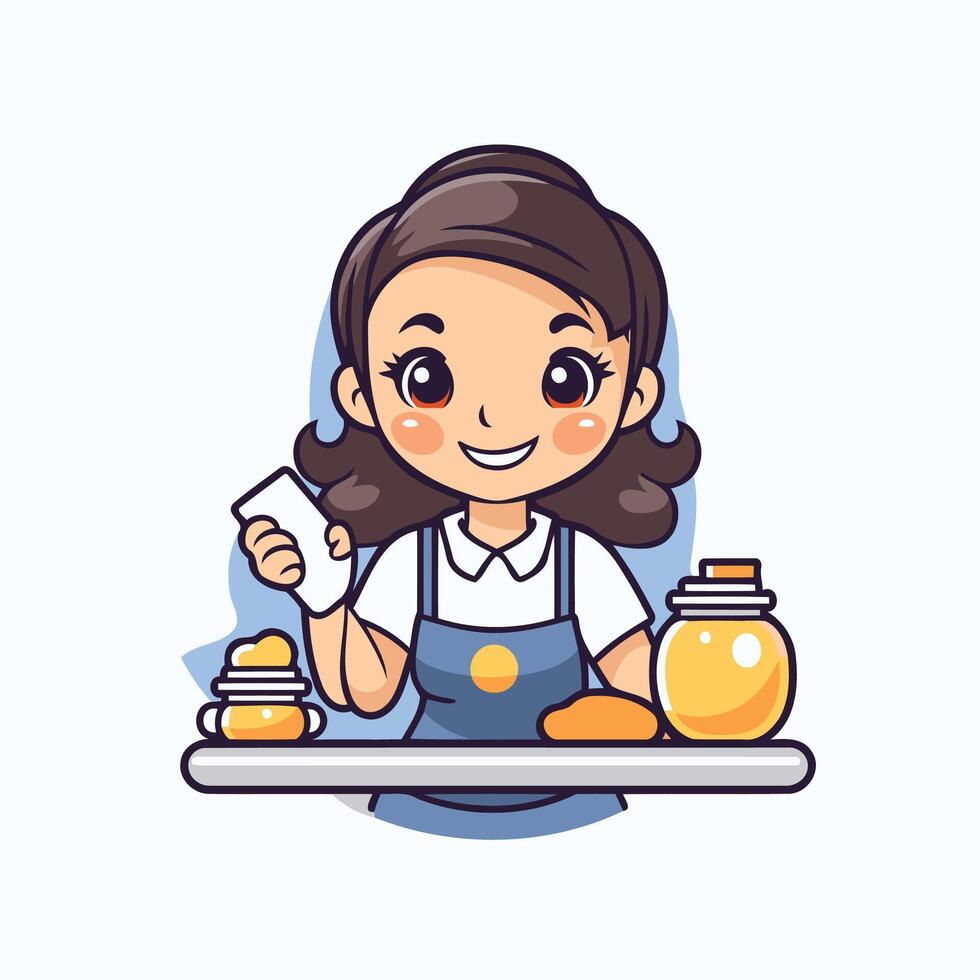 A cartoon woman in an apron holding a jar of honey vector