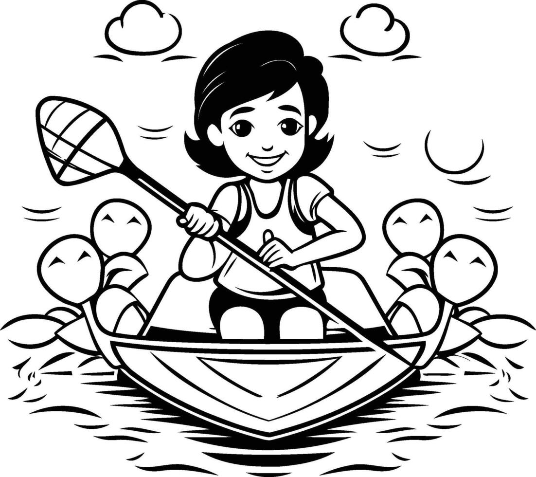 Girl in canoe coloring page vector