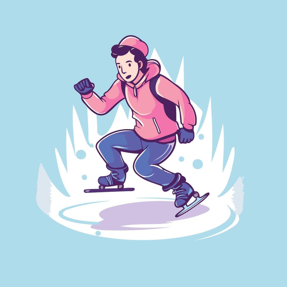 A man in pink jacket is skating on ice vector