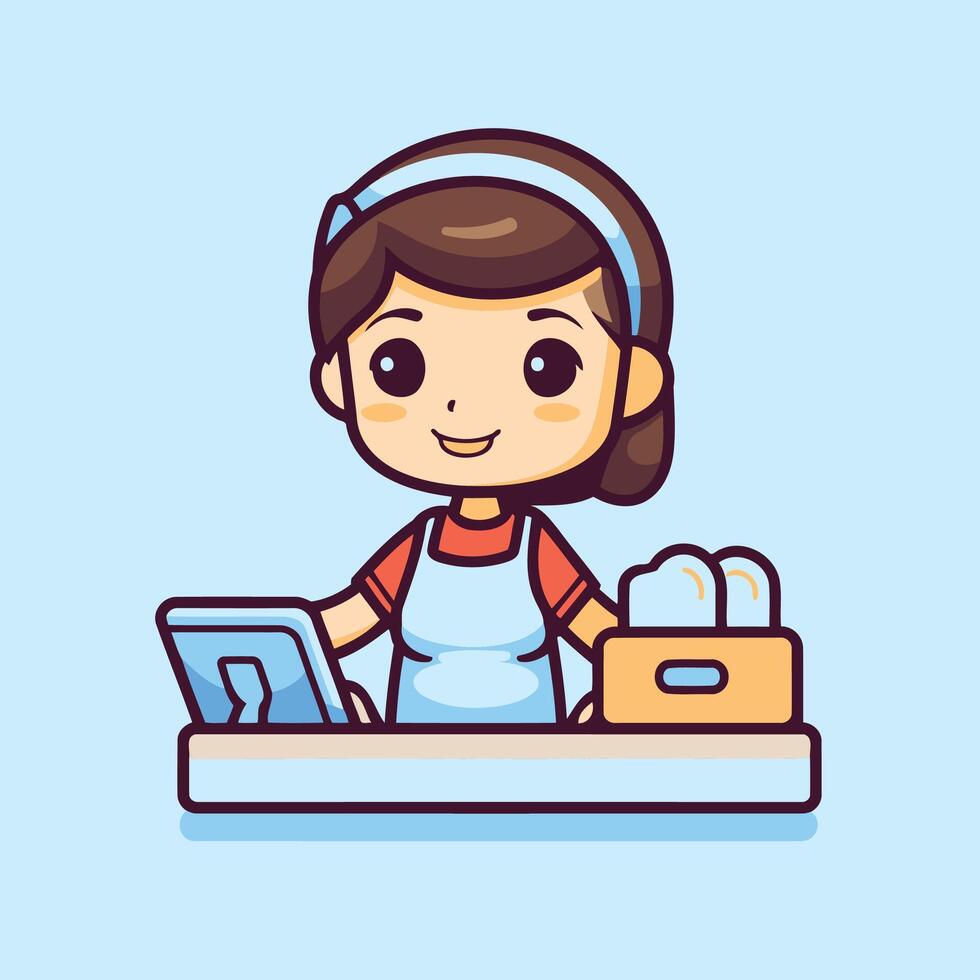 A woman in an apron is working at a cash register vector