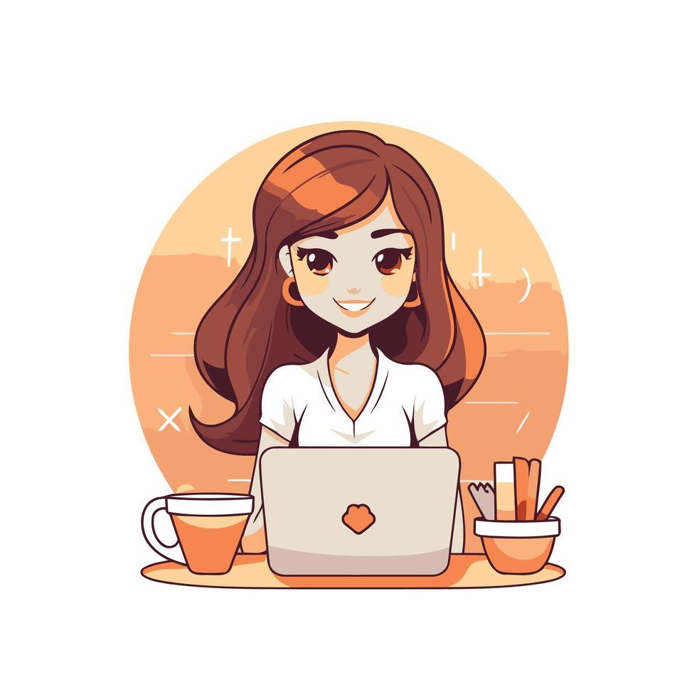 A woman is sitting at a table with a laptop vector