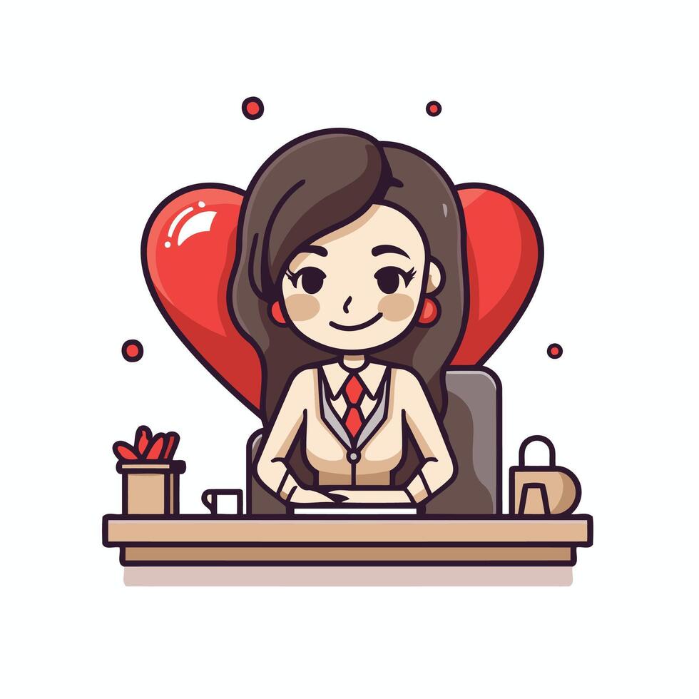 A cartoon woman sitting at a desk with a heart shaped object vector