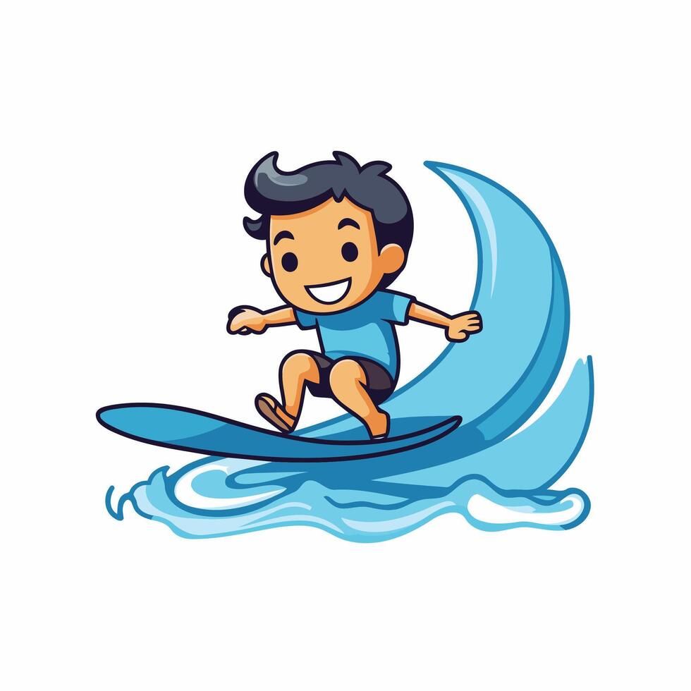 A cartoon boy riding a wave on a surfboard vector