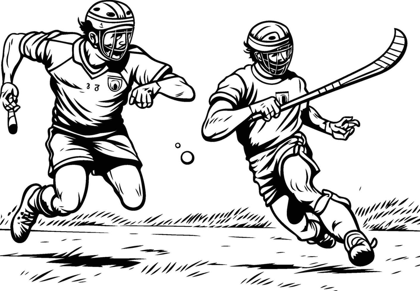 Two men playing field hockey vector
