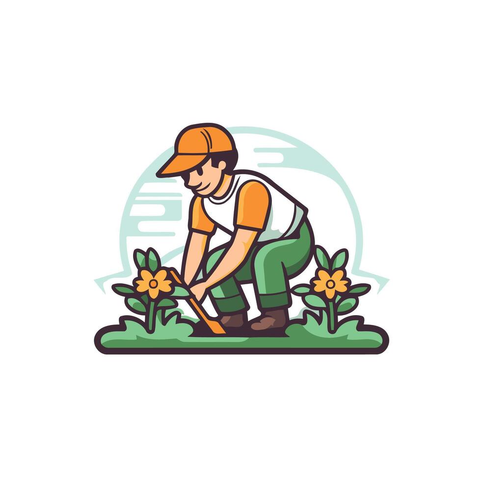 A man is working in the garden with a shovel vector