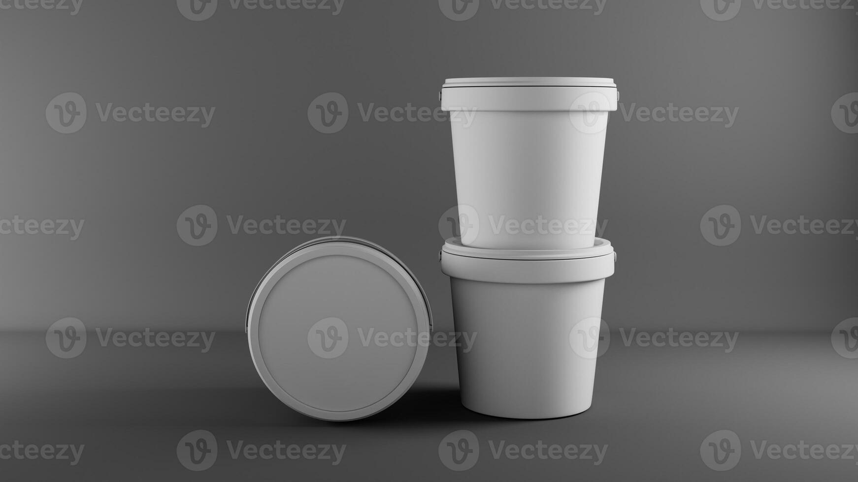 3d rendering of white yogurt bucket with lid on grey background photo