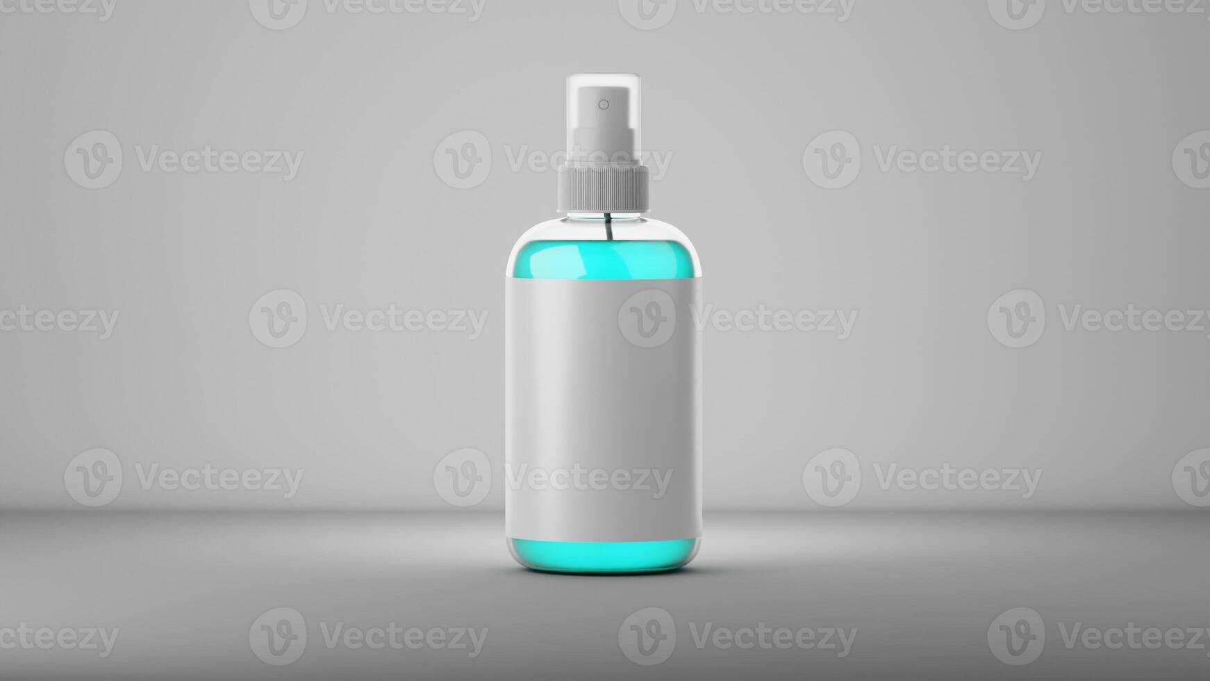 Spray bottle mockup on grey background. 3D rendering photo