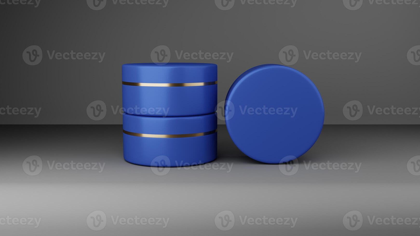 Blue round jar on grey background. 3D rendering photo