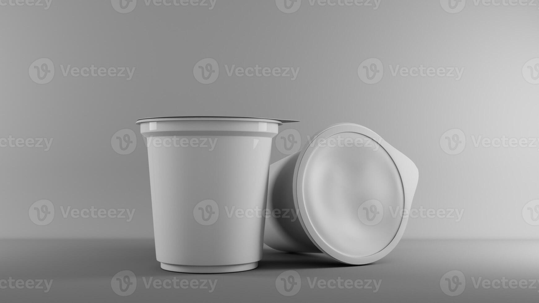 White yogurt cup mockup on grey background. 3D rendering photo