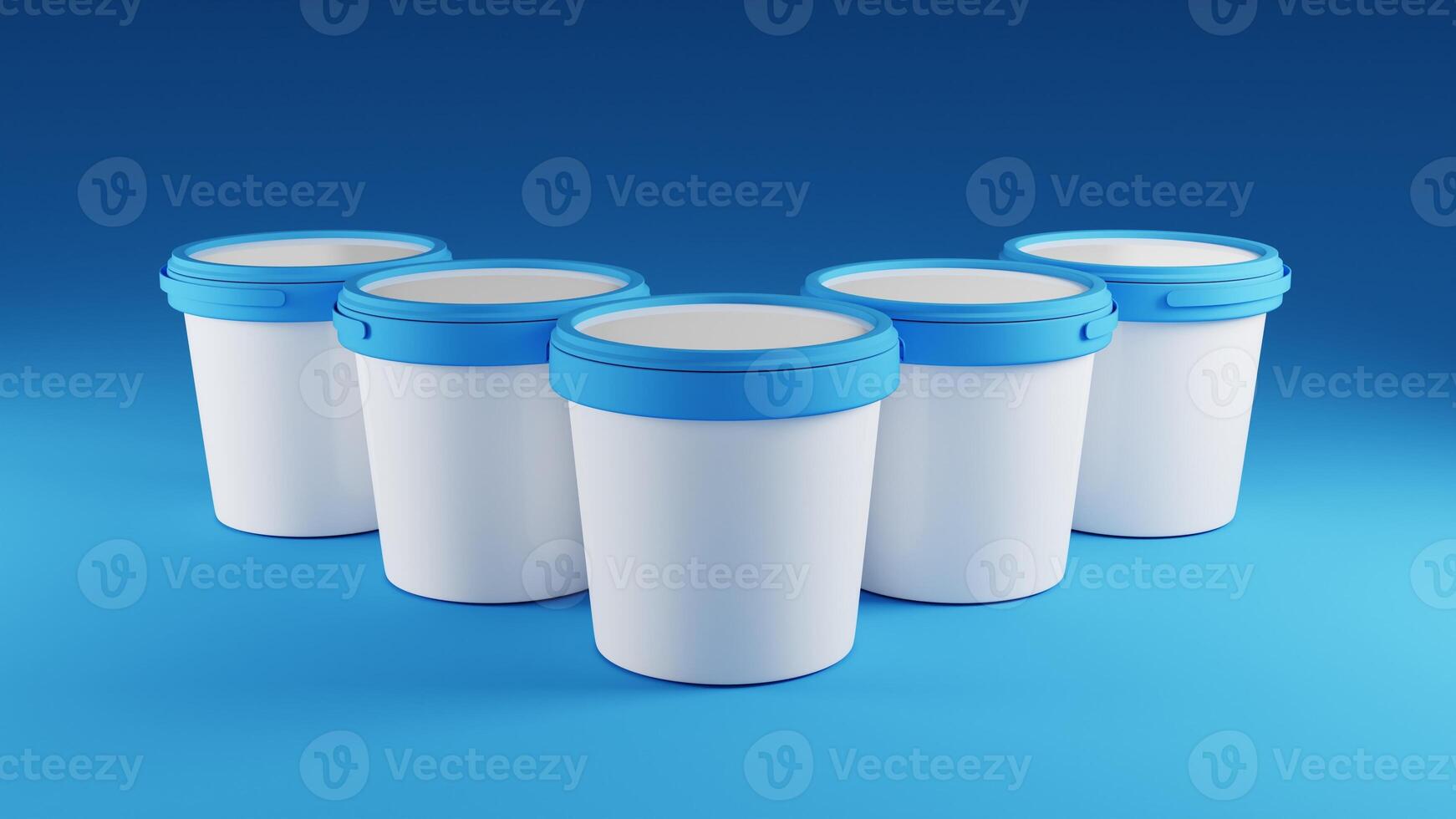 3d render of yogurt buckets in a row on blue background photo