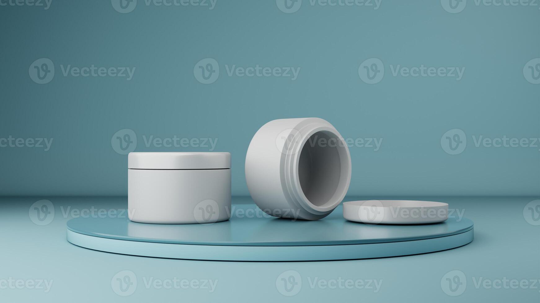 3d rendering of a white cosmetic jar on a blue background. photo