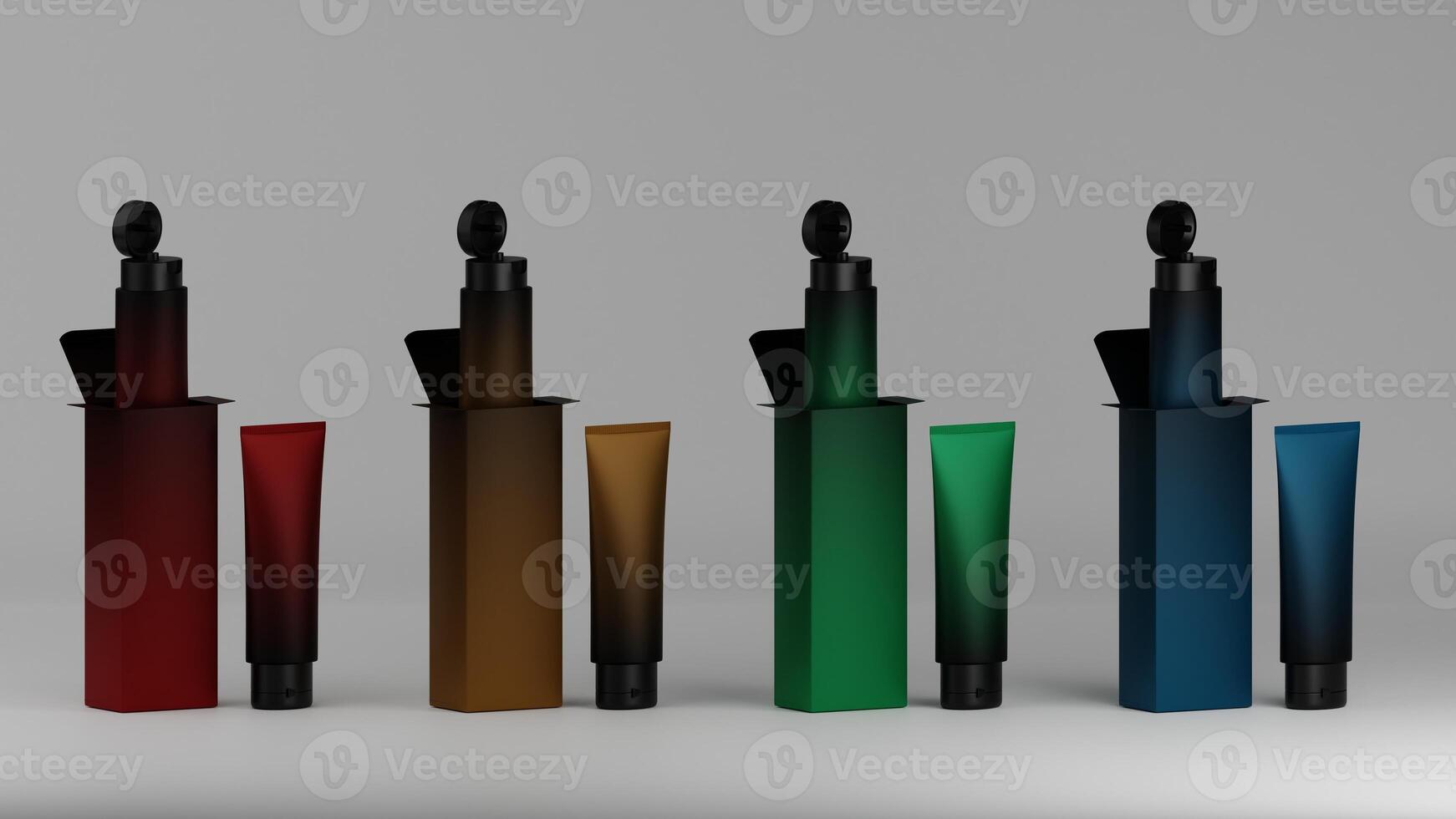 3d rendering of a set of cosmetic bottles in different colors photo