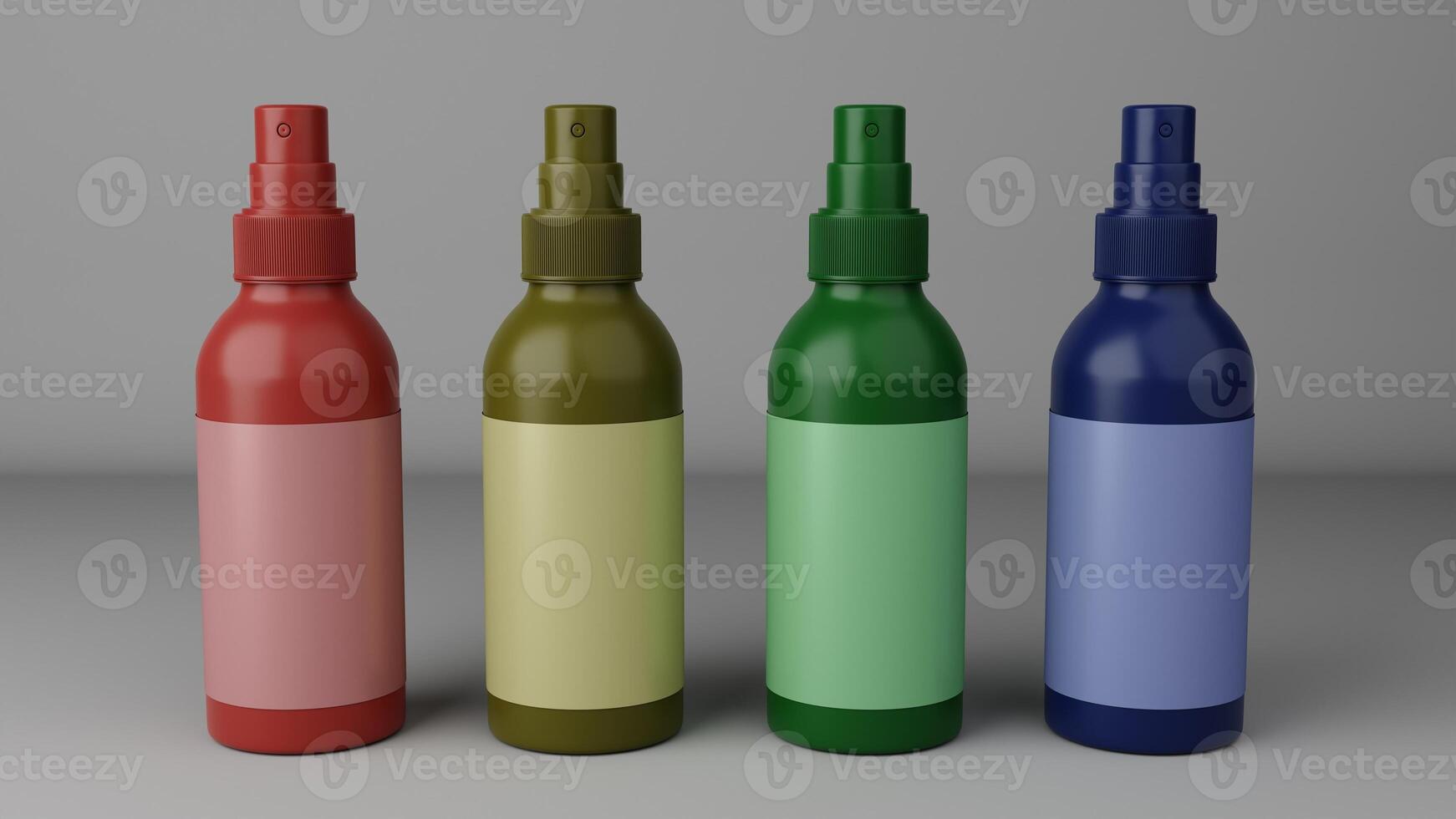 3d render of spray bottles in different colors on a grey background photo