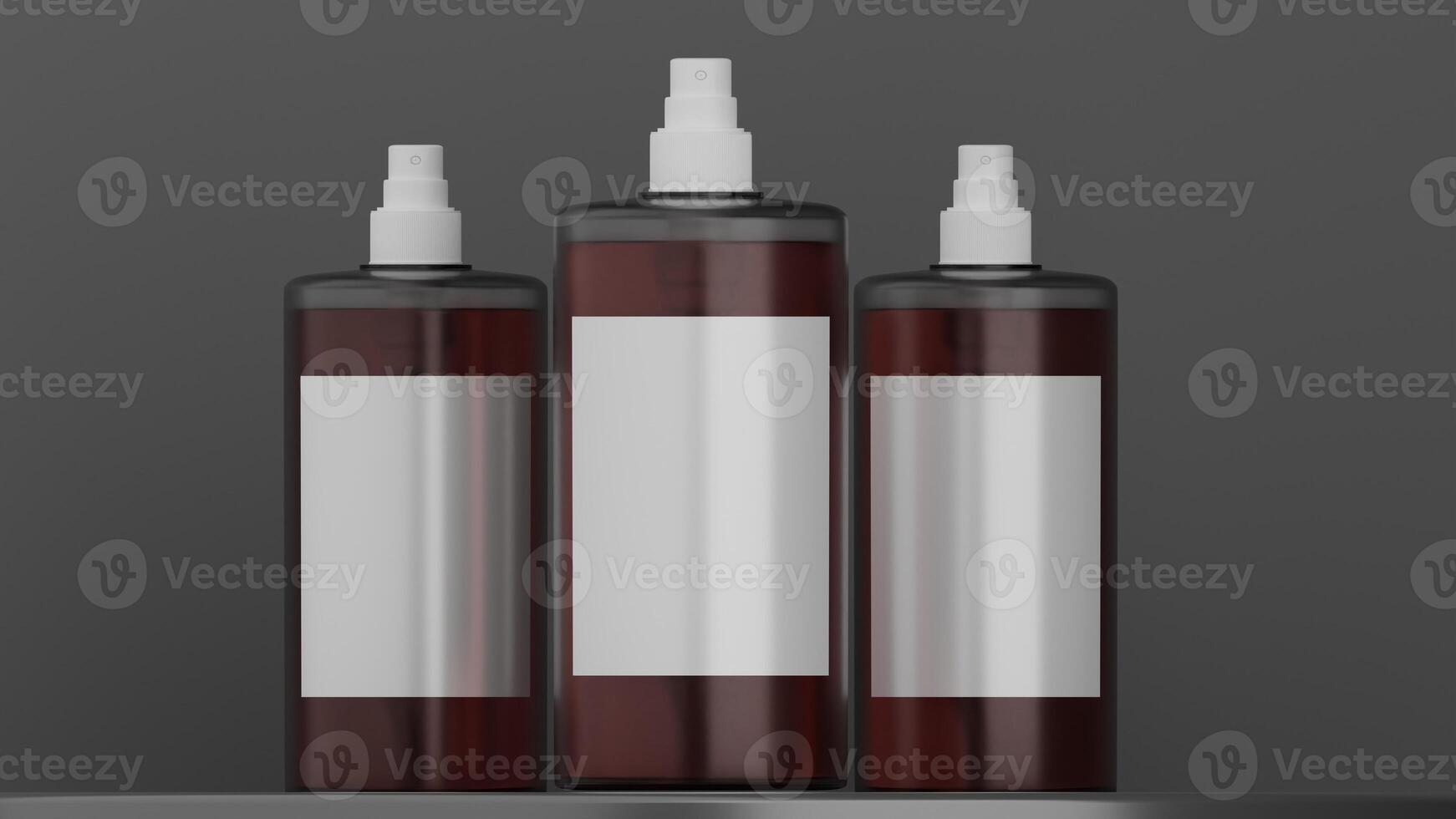 3d render of cosmetic sprey bottles with blank label isolated on grey background photo