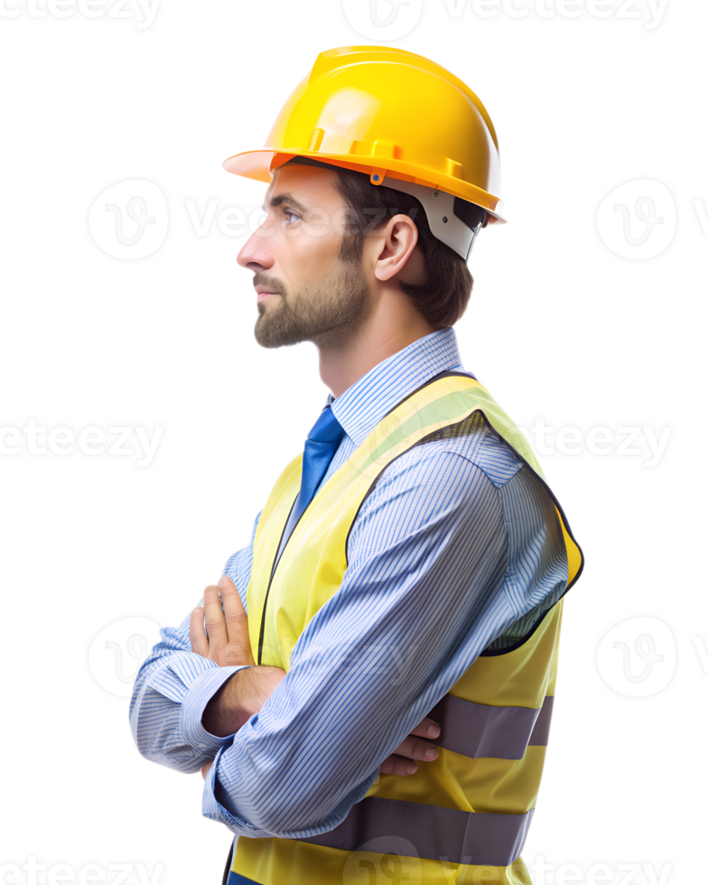 A man in a hard hat and vest with his arms crossed png