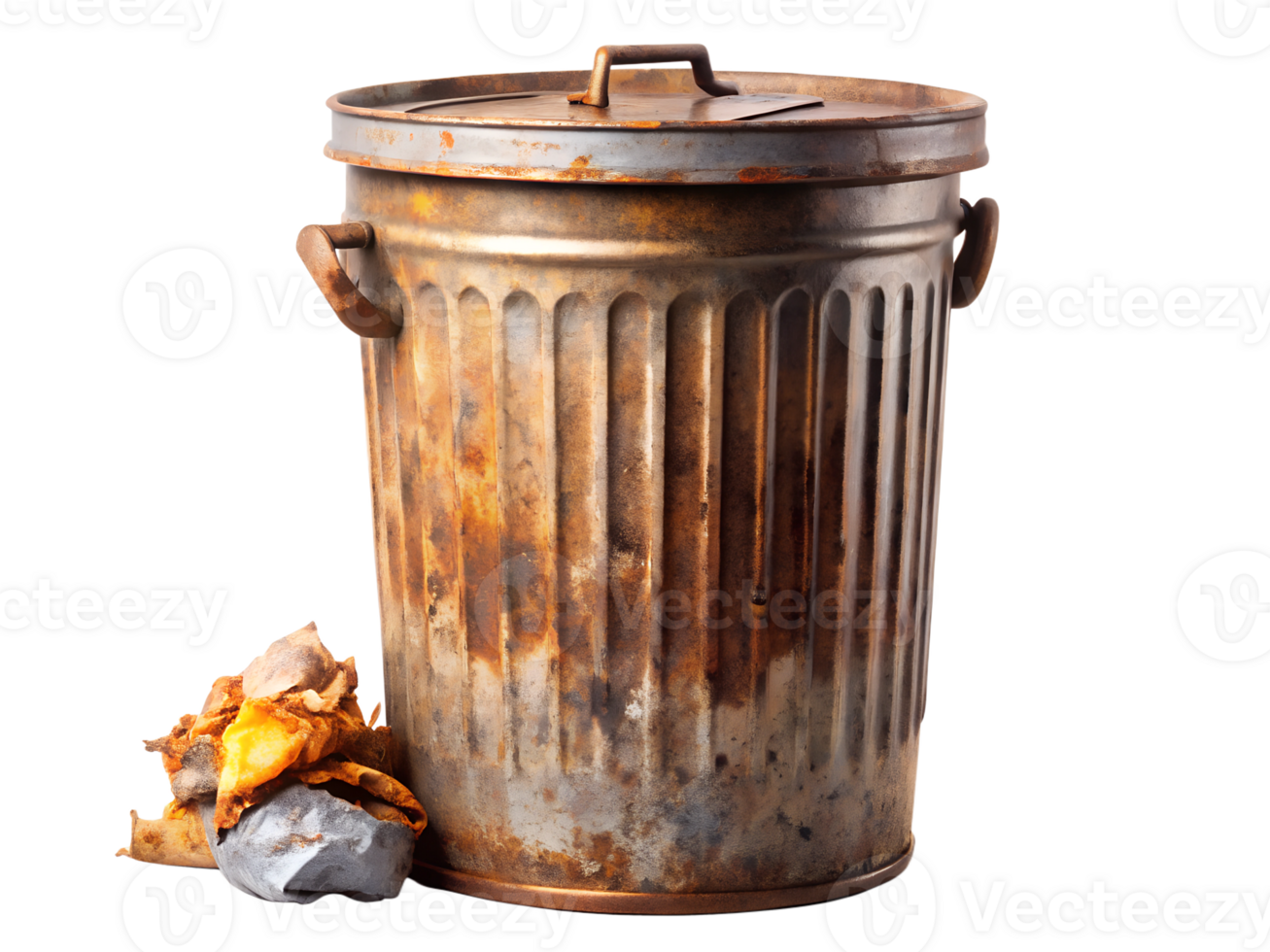 A Rusty Old metal Tin Garbage Trash Can Dustbin, full of Trash png
