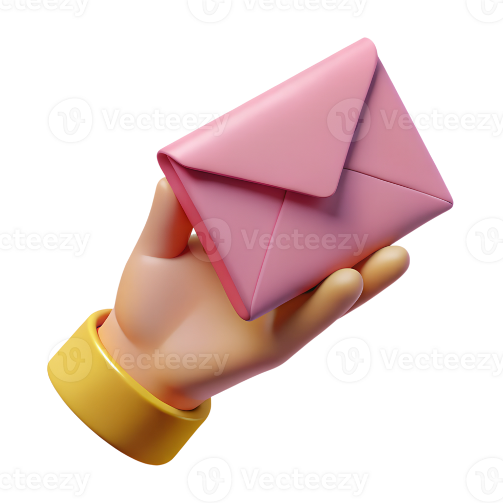 Human's hand holding pink envelope 3d rendered illustration isolated png
