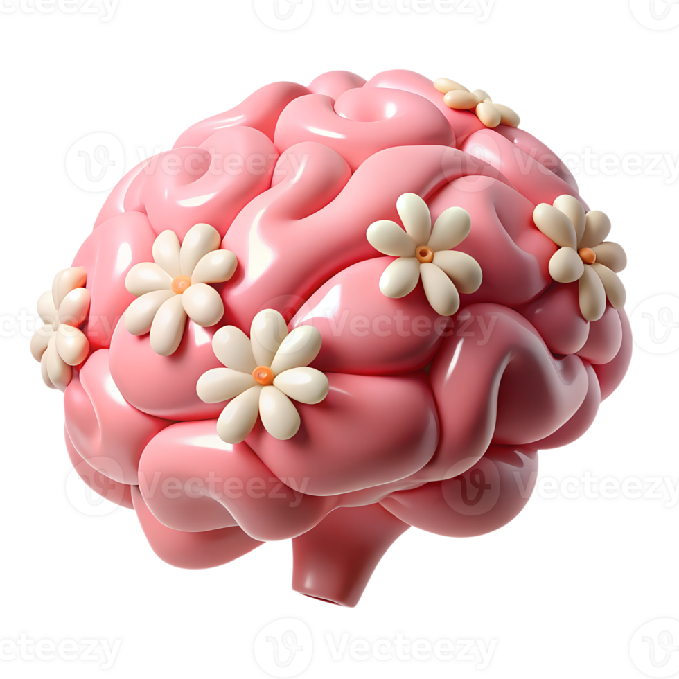 Human brain hemispheres organ adorned with white flowers 3d icon on the transparent background png