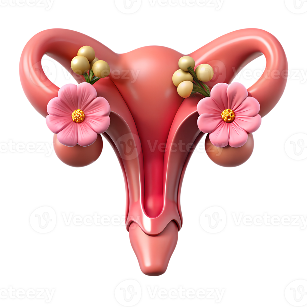 Female healthy reproductive system. Uterus with flowers 3d illustration isolated on transparent background png