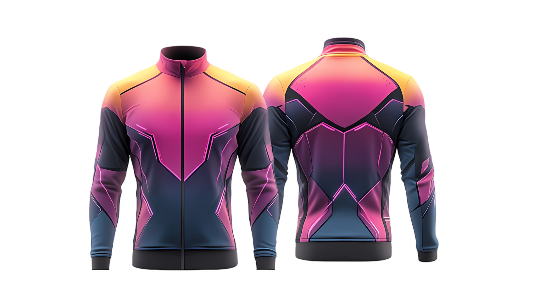 front and back of pink and blue jackets with a black and white design png