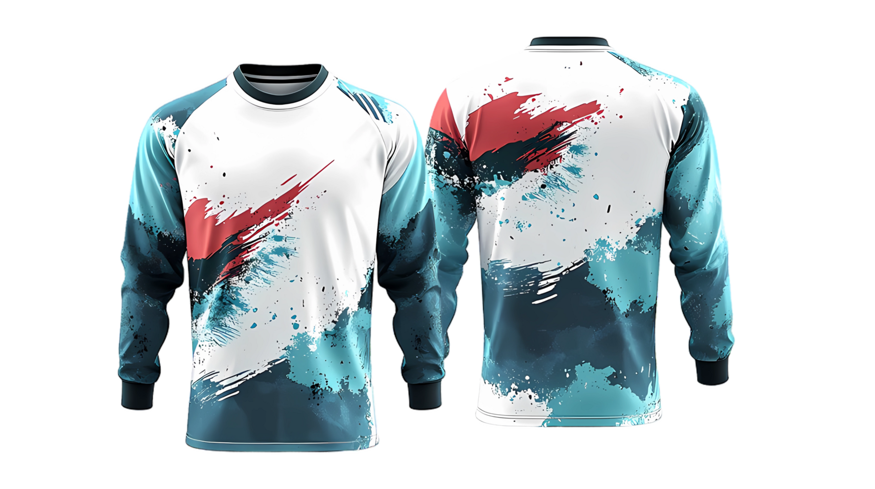 a long sleeve jersey with a red and blue paint splatter png