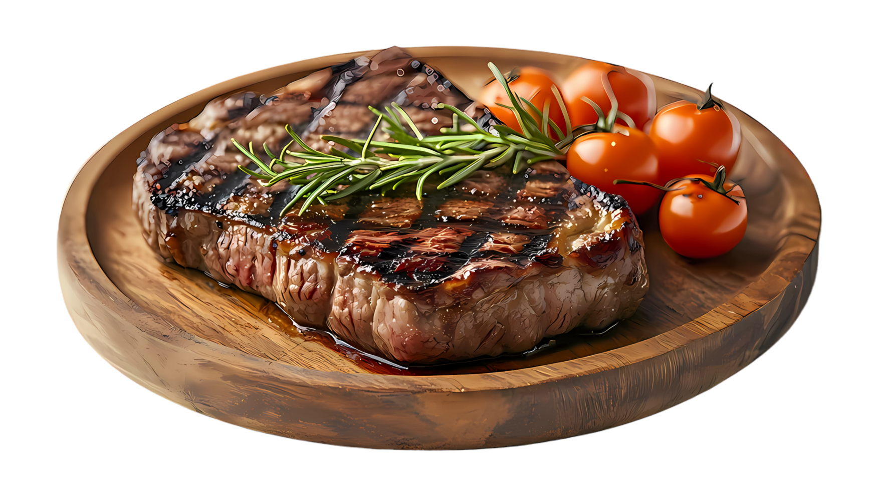 steak on a wooden plate with tomatoes and herbs png