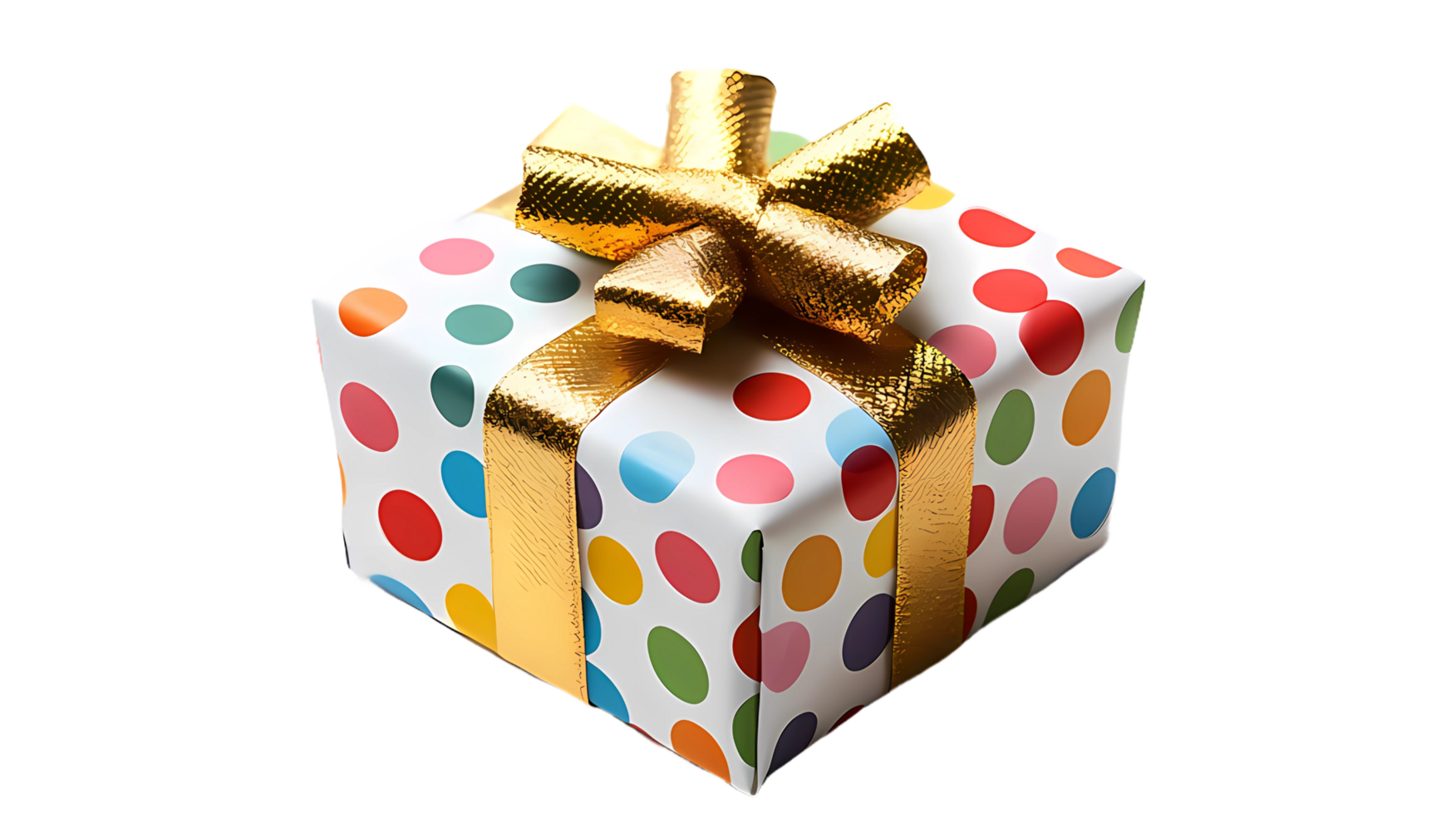 a colorful polka dot gift box with a gold bow png