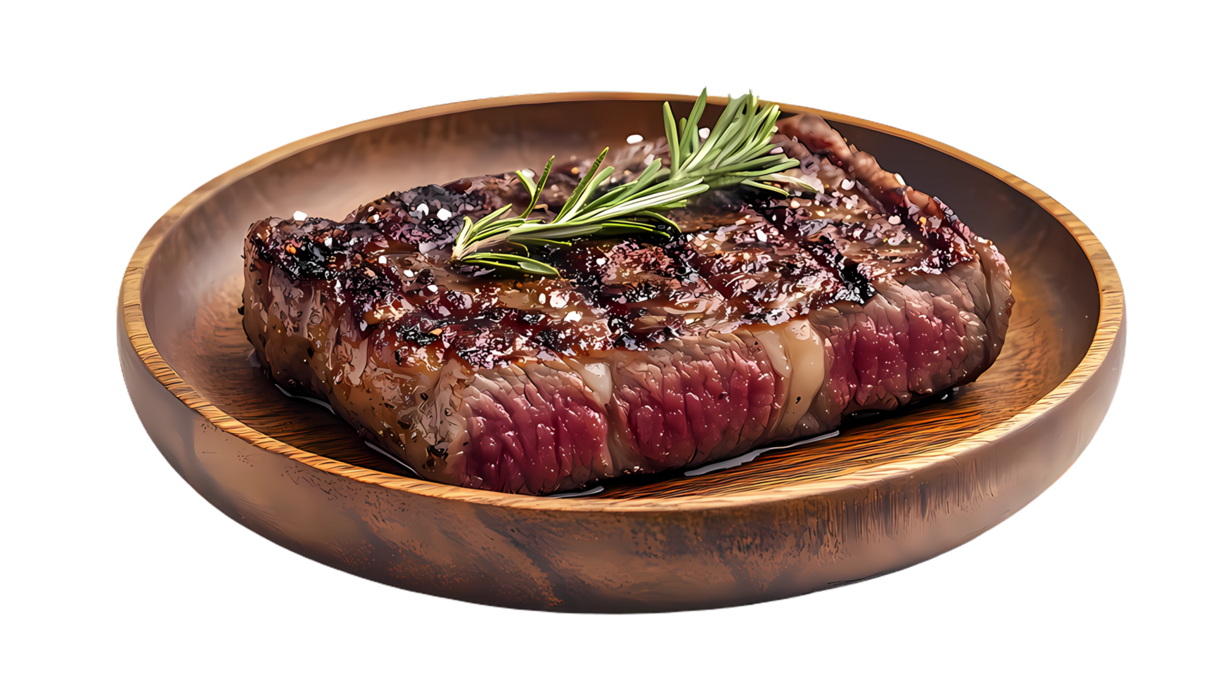 steak in a wooden bowl on a transparent background png