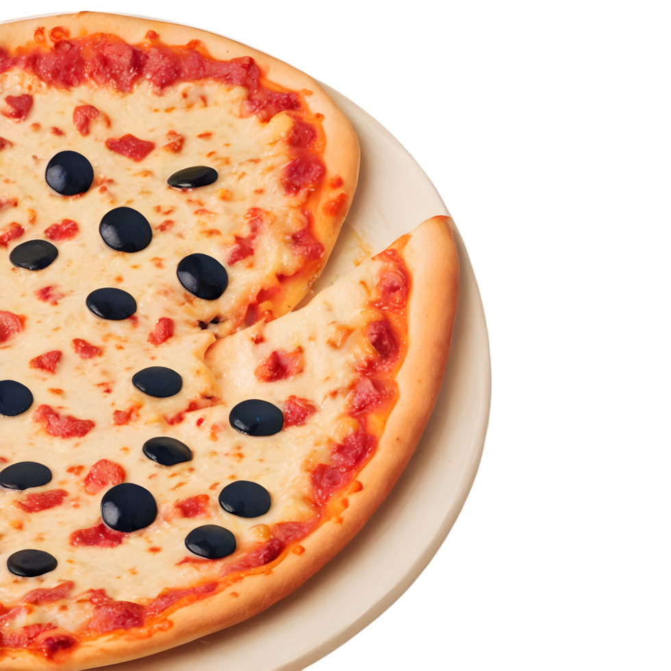 A pizza with black olives on top of a white plate png