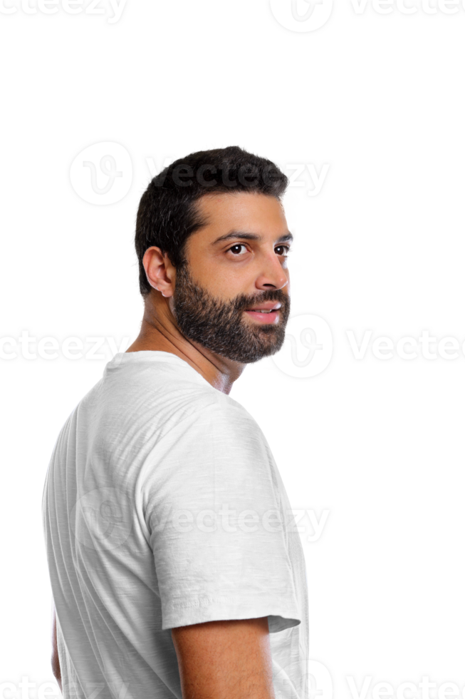 jovem brasileiro modelo com barba e branco camiseta em neutro fundo png