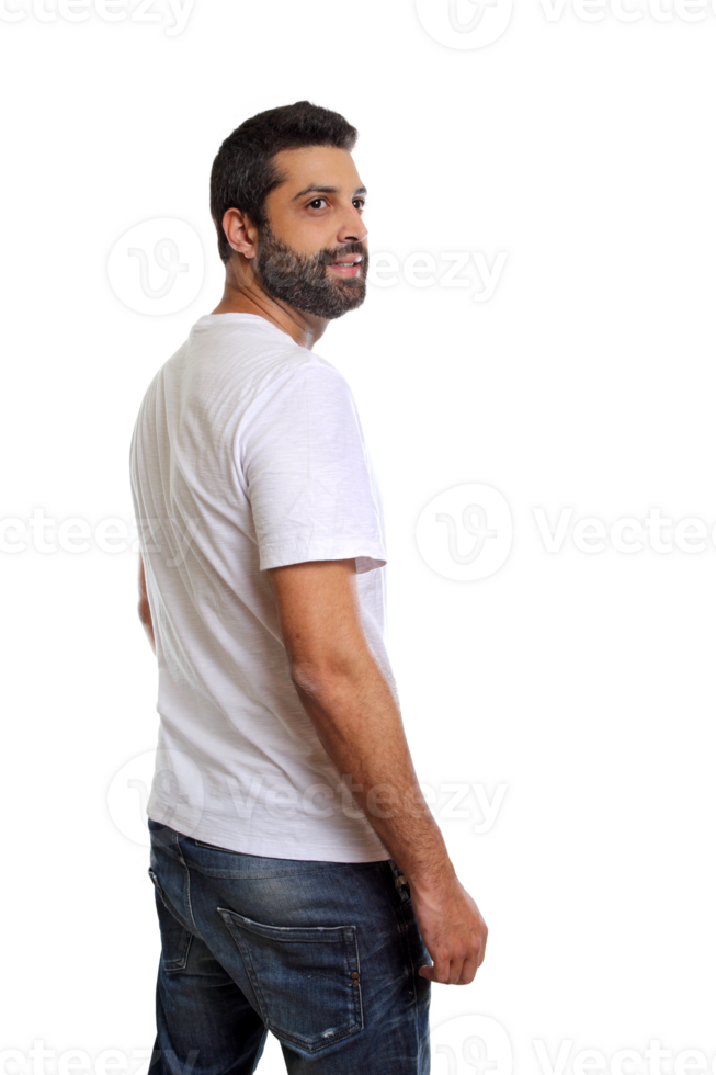 young brazilian model with beard and white tshirt on neutral background png