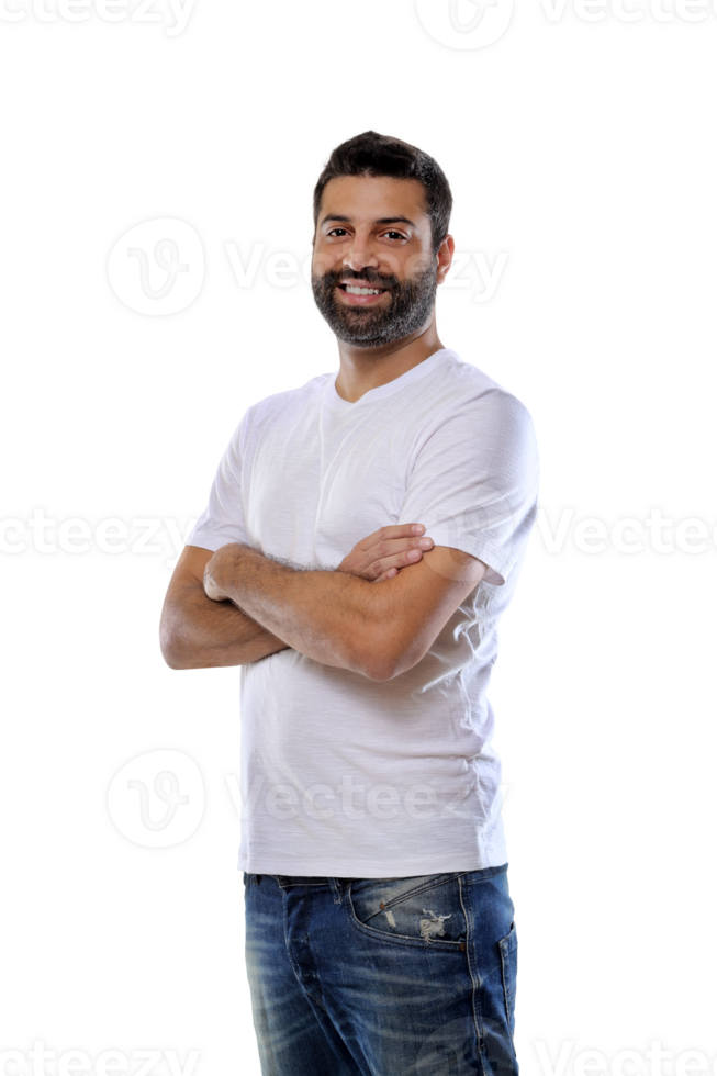 young brazilian model with beard and white tshirt on neutral background png