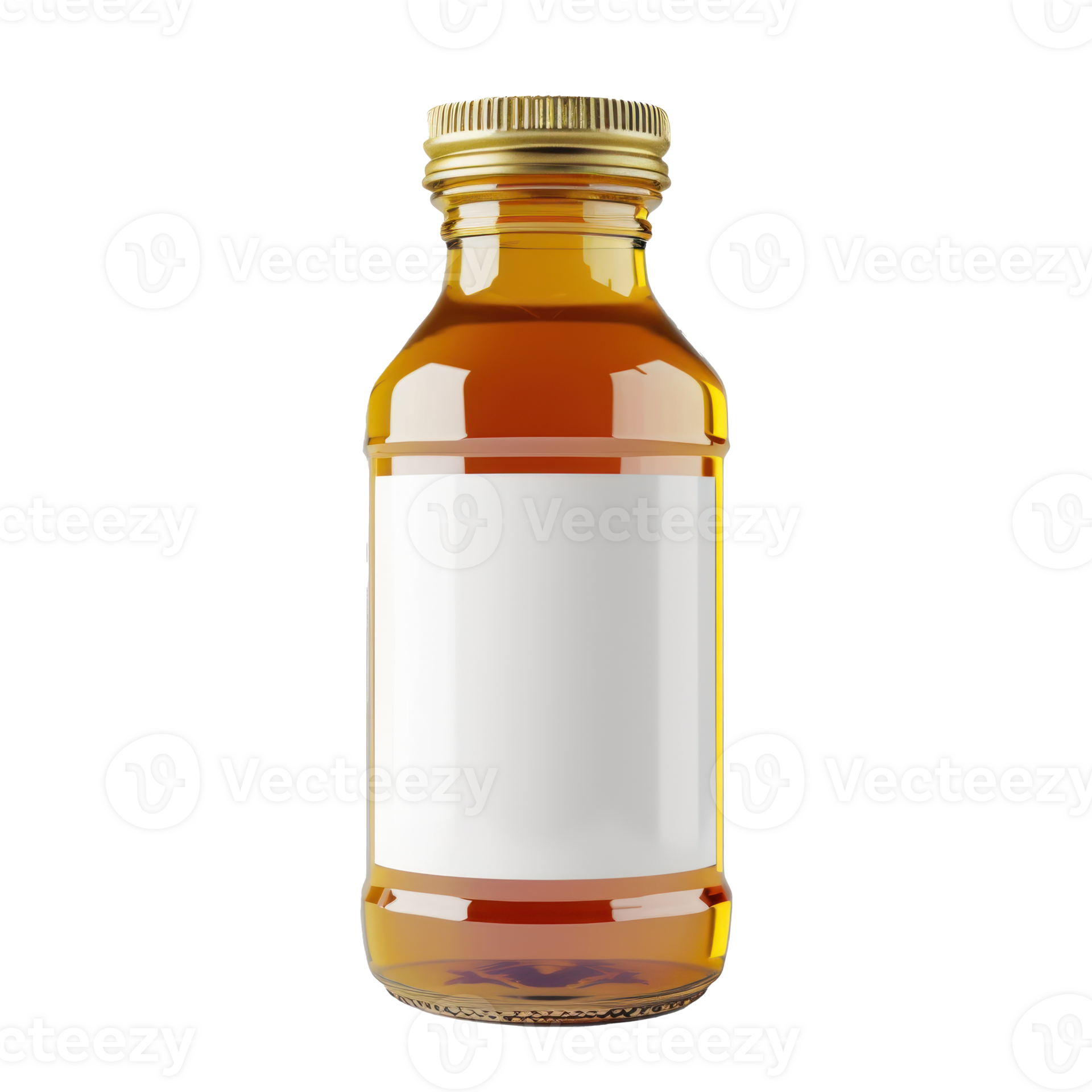A honey jar bottle with white label on a transparent background
