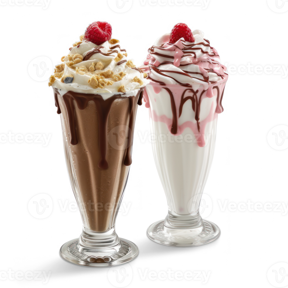 two milkshakes with whipped cream and chocolate on transparent background png