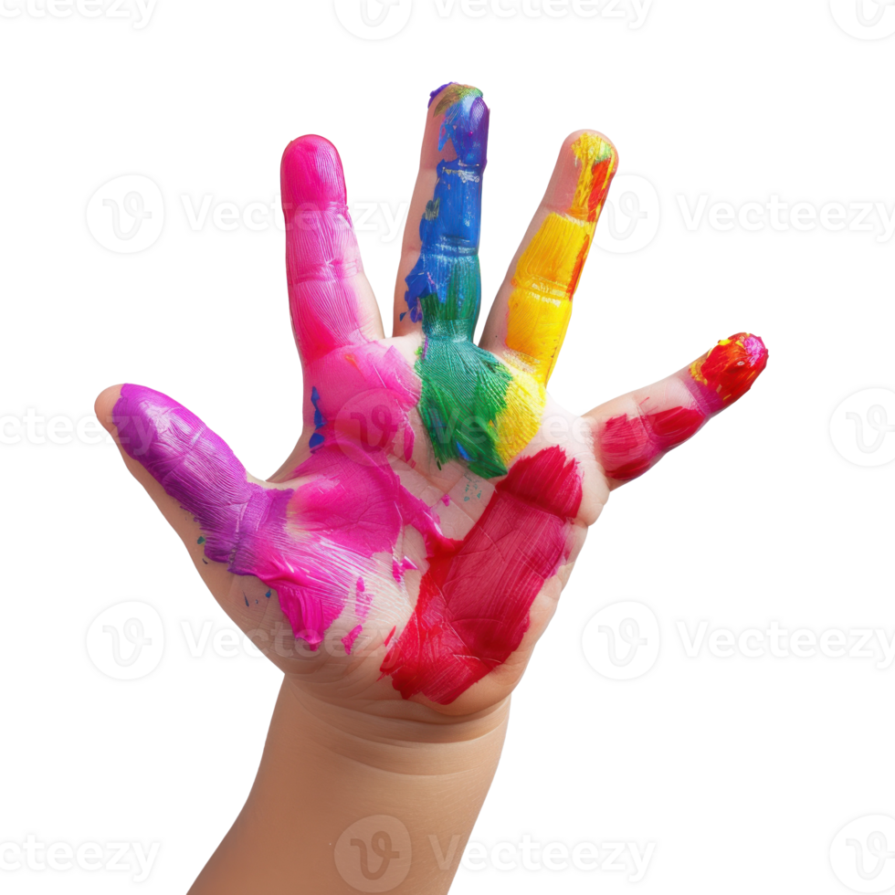 a child's hand painted with colorful paint png